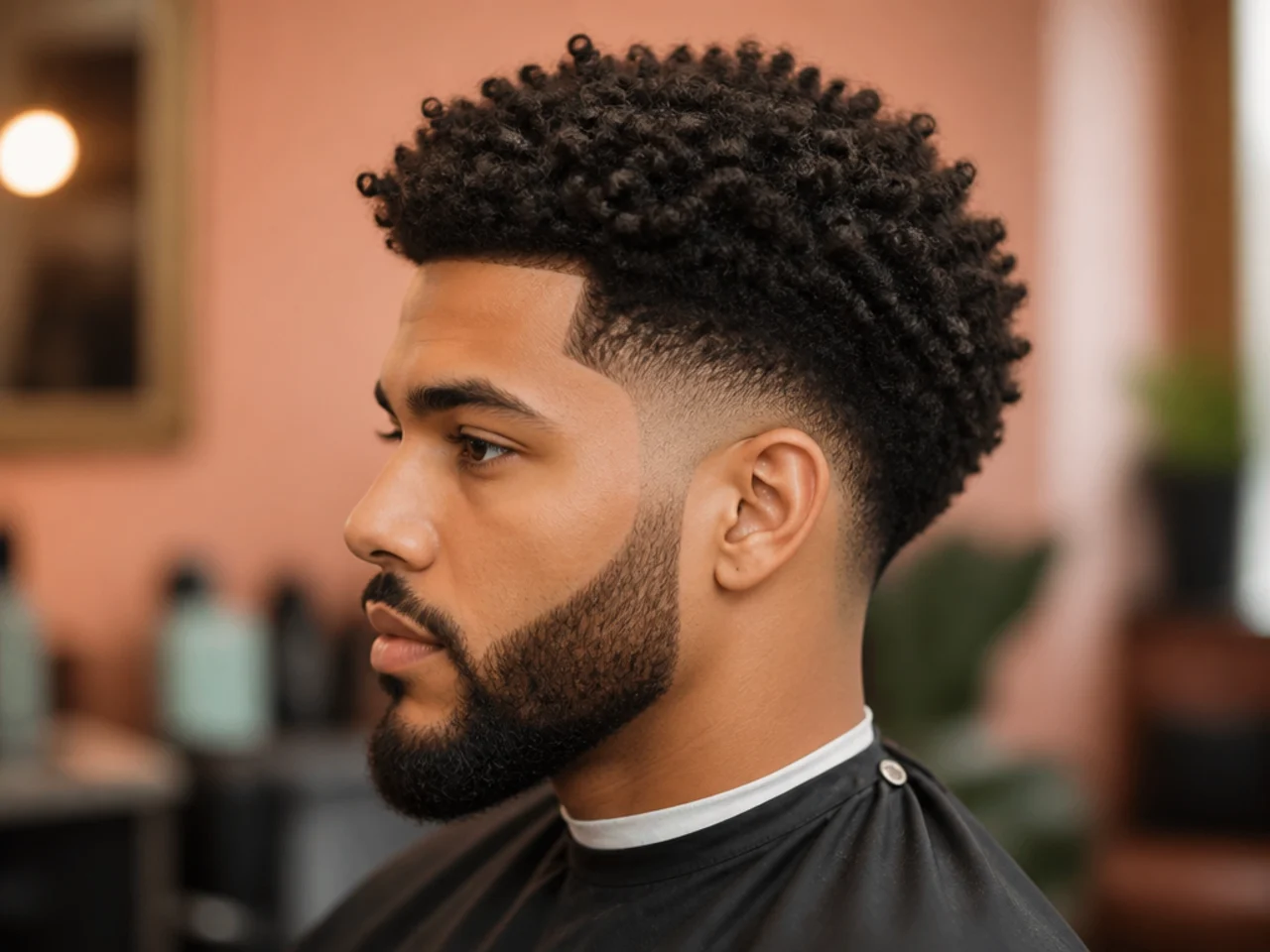 Textured two-inch afro with a matching beard blended into a low taper fade on the sides
