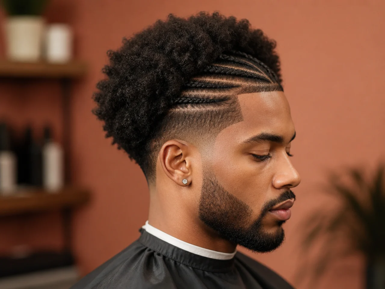 Two short cornrows running from the forehead to the crown blending into a two-inch afro at the back with a low taper fade