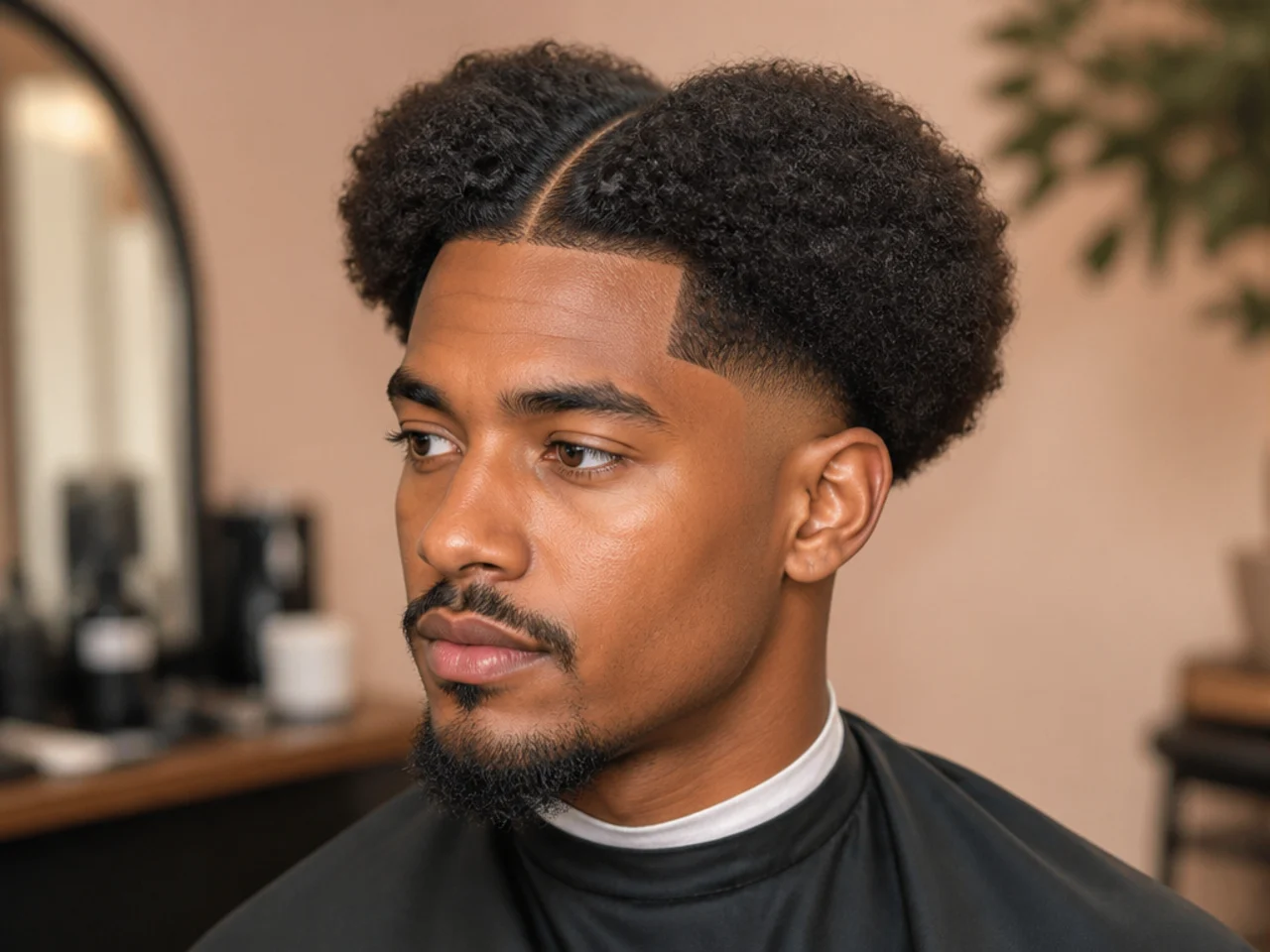 Kinky coily 4A hair split into a natural middle part with a clean low taper fade on the sides