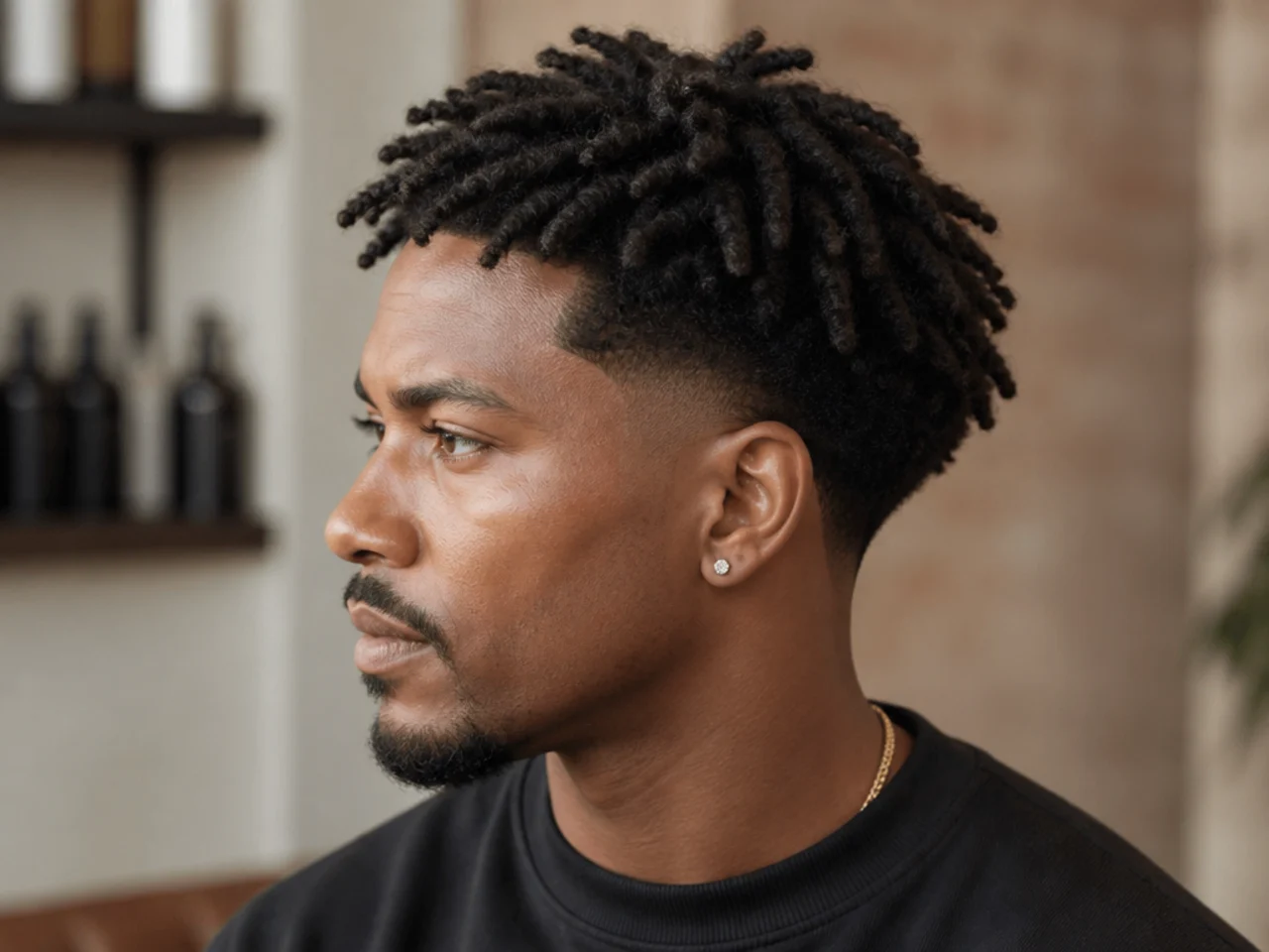 Starter locs blending into a small afro shape on top with a soft low taper fade on the sides