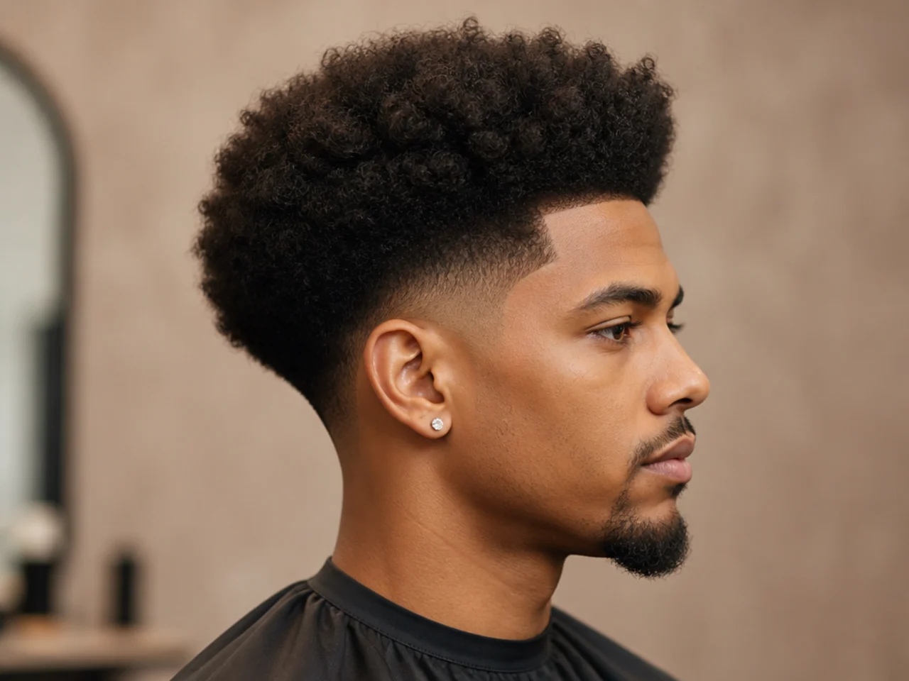 Three-to-four-inch blown-out afro picked into a full round crown with a low taper fade on the sides