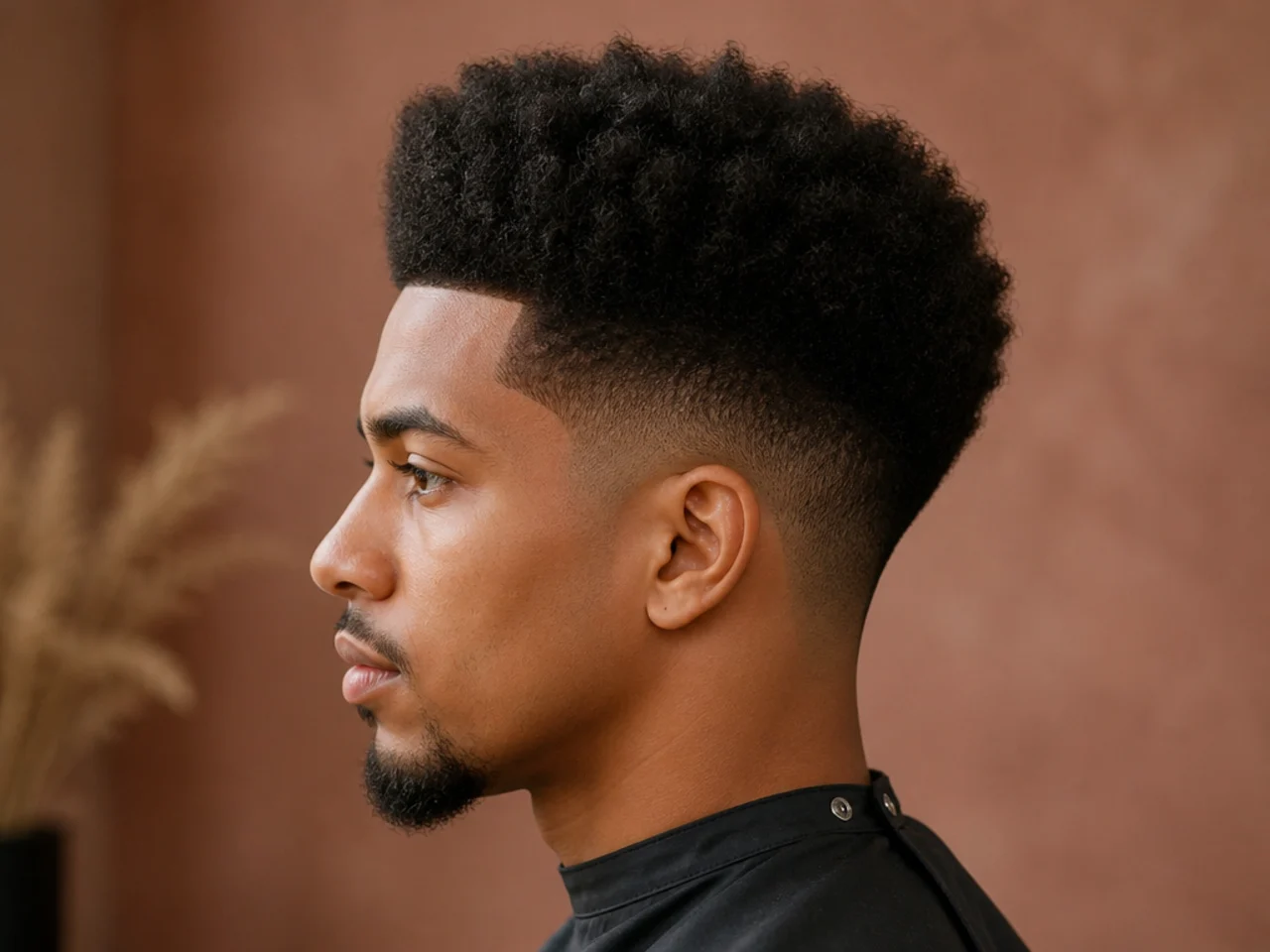Four-inch high top afro with a flat crown paired with a soft low taper fade at the sides