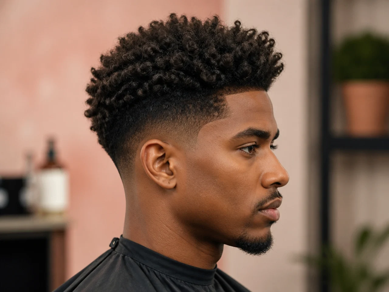 Low drop taper fade with the transition line arcing behind the ear and a three-inch textured afro on top