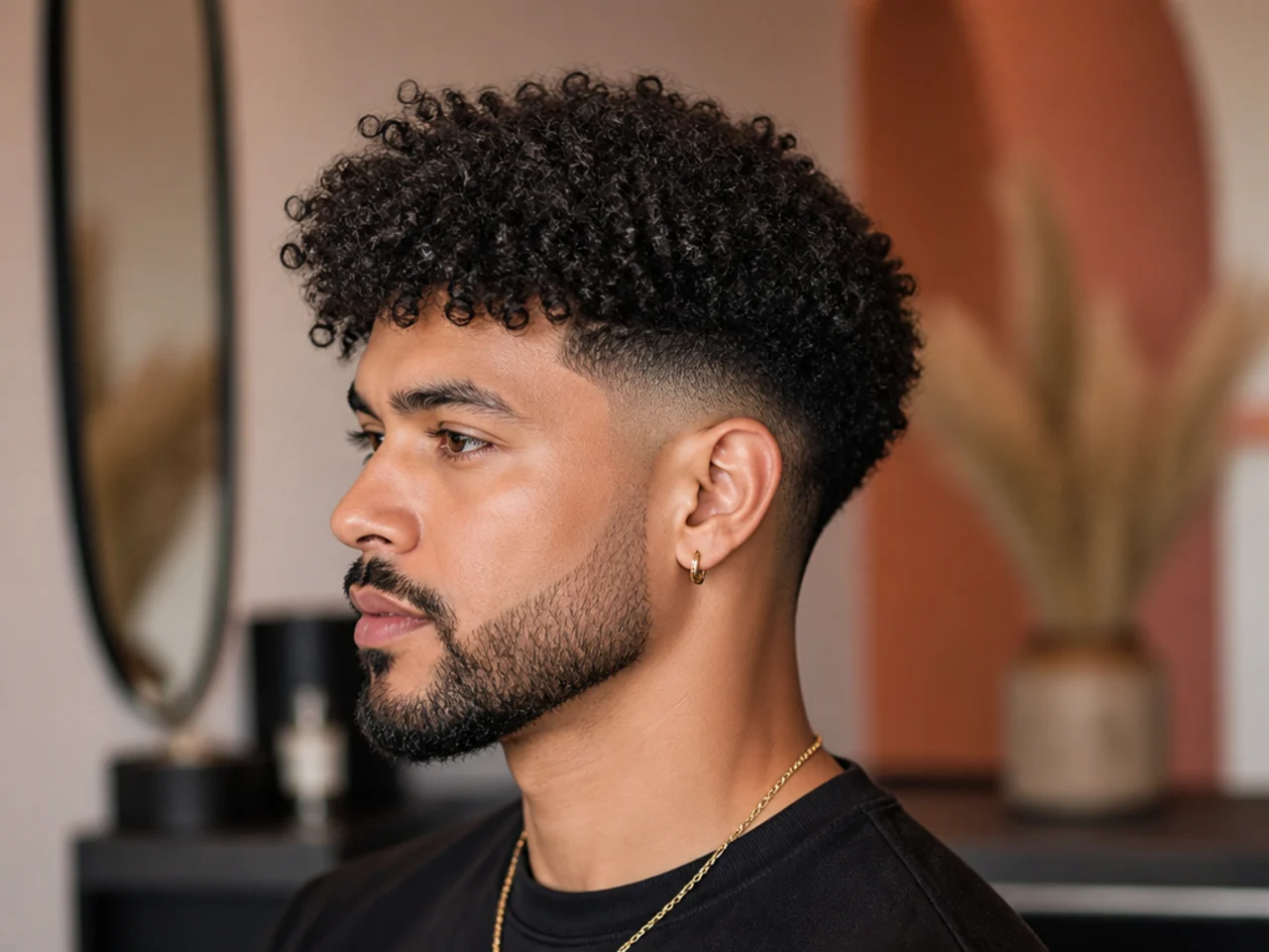 Low taper fade with the front pieces of a three-inch afro left long enough to fall as a curly fringe past the brows