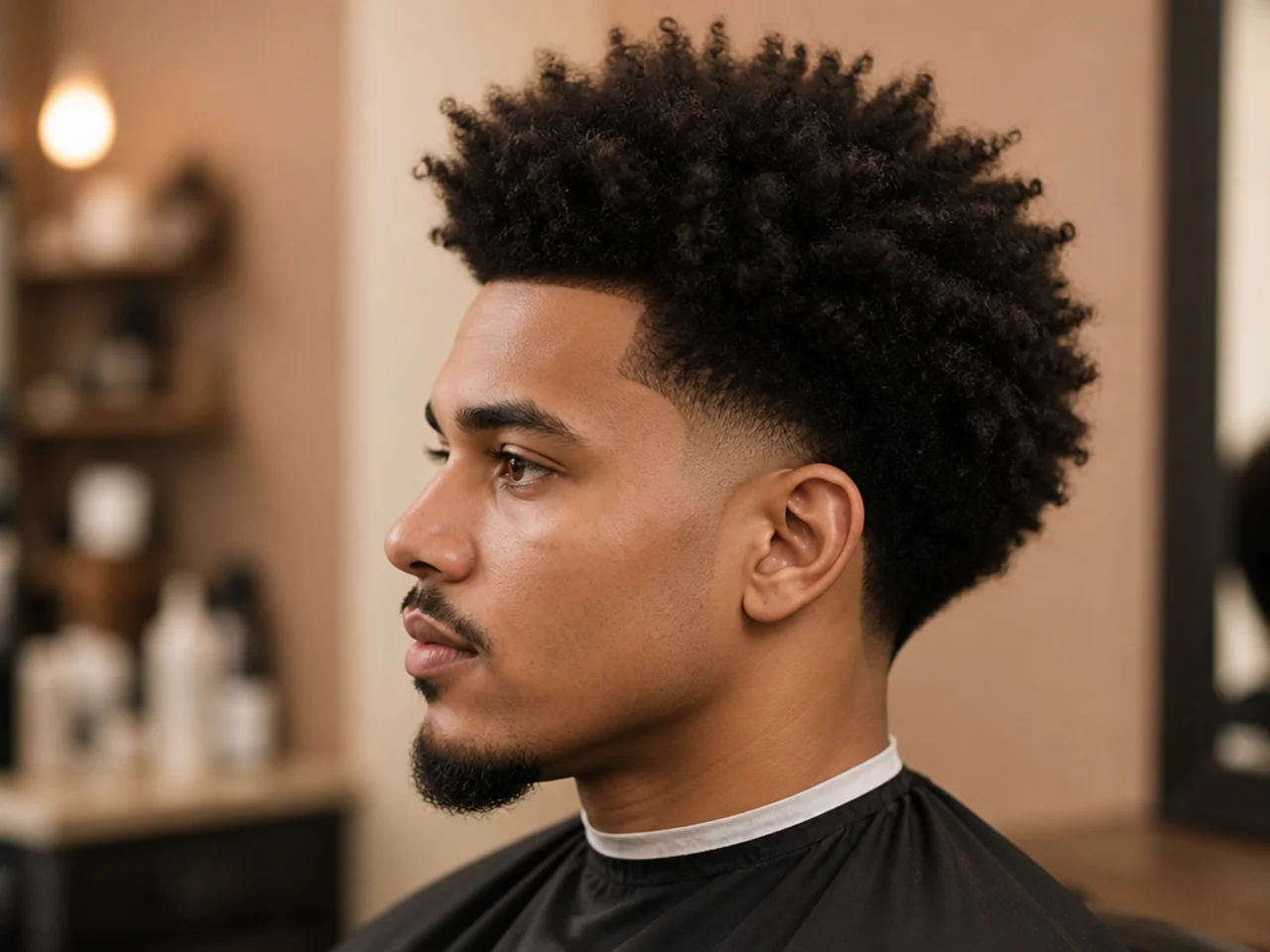 Undirected natural freeform afro on 4A hair with a soft low taper fade at the sides