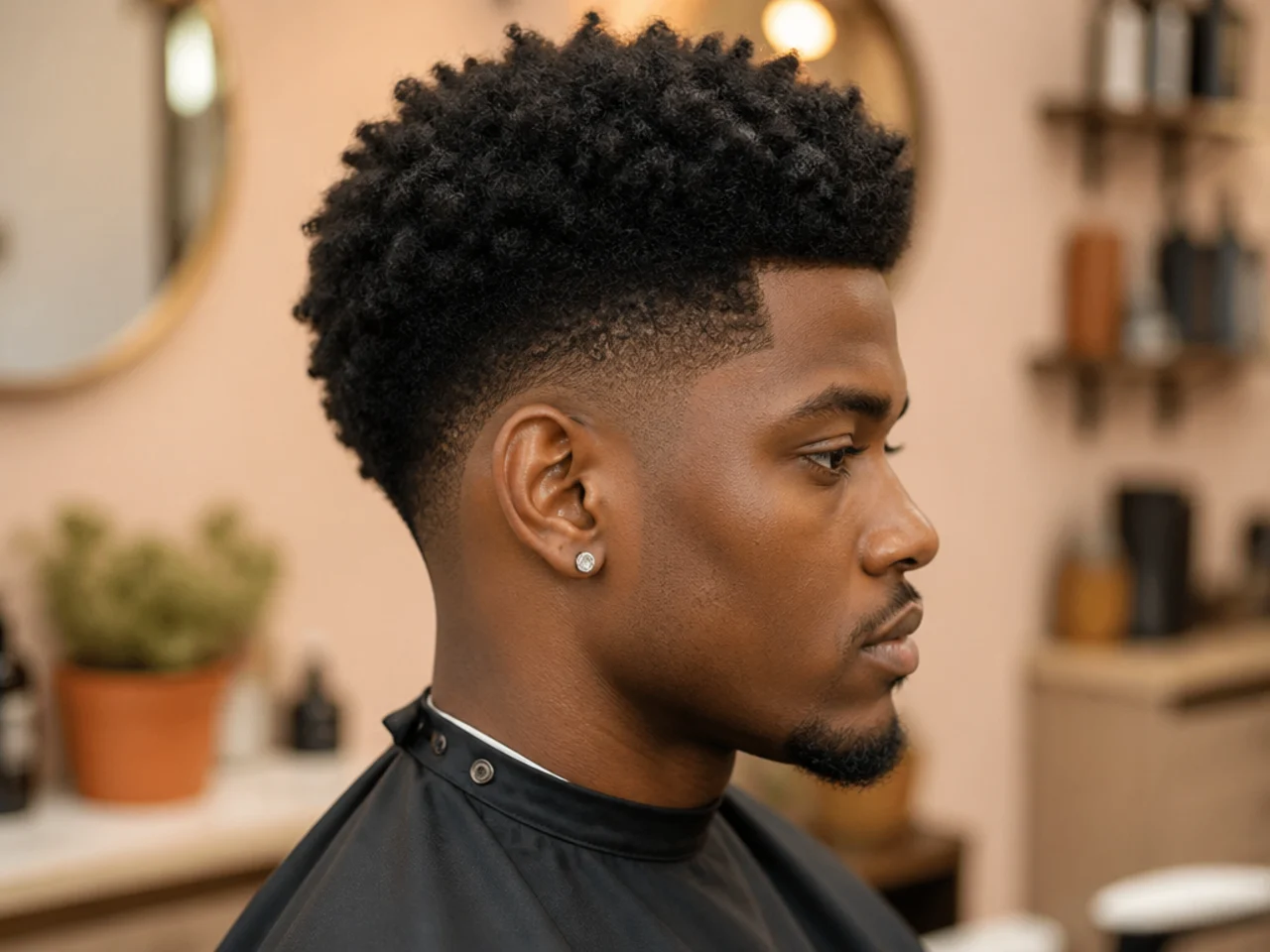 Dense 4C kinky coil natural afro at two-and-a-half inches with a clean low taper fade at the sides