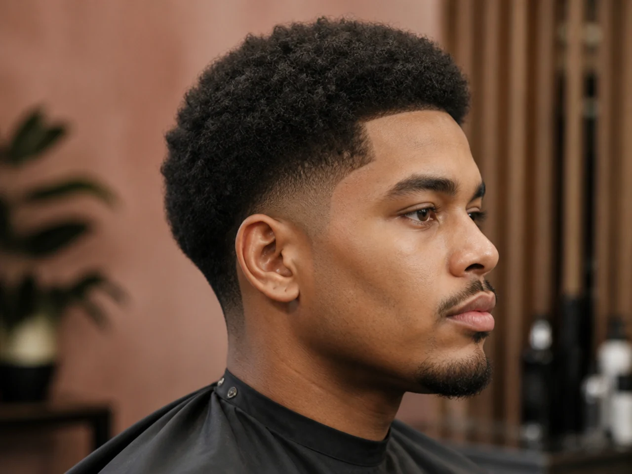 Black man showing a phone reference photo of a low taper fade afro to a barber before the cut