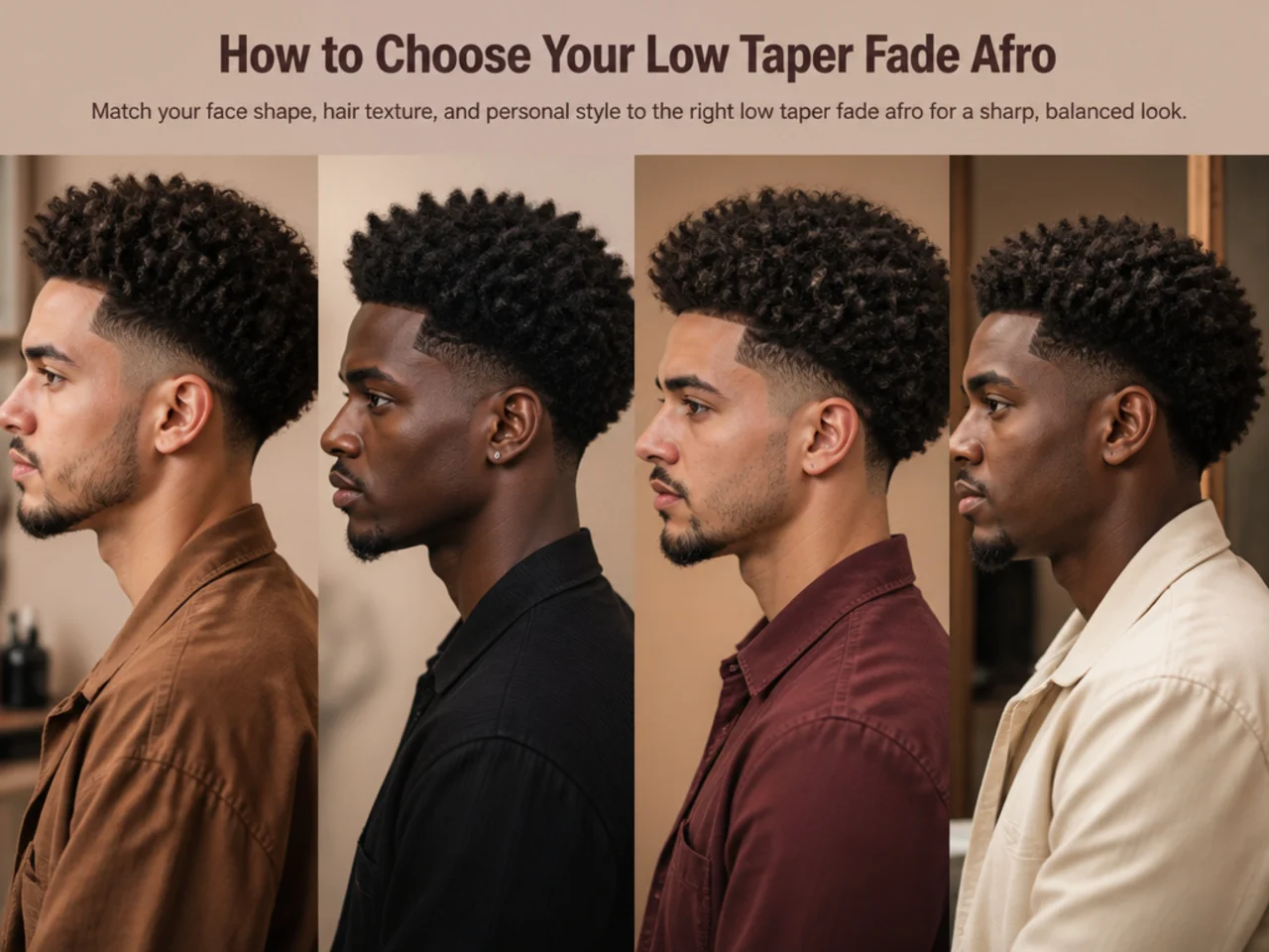 Three Black men side by side with short, medium, and tall afro tops paired with a clean low taper fade at the sides