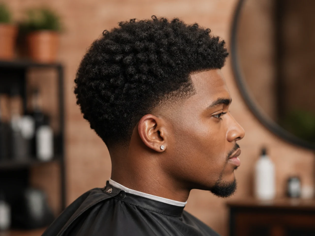 Afro hair styling essentials laid out — leave-in, curl cream, afro pick, curl sponge, boar-bristle brush, satin bonnet, light oil