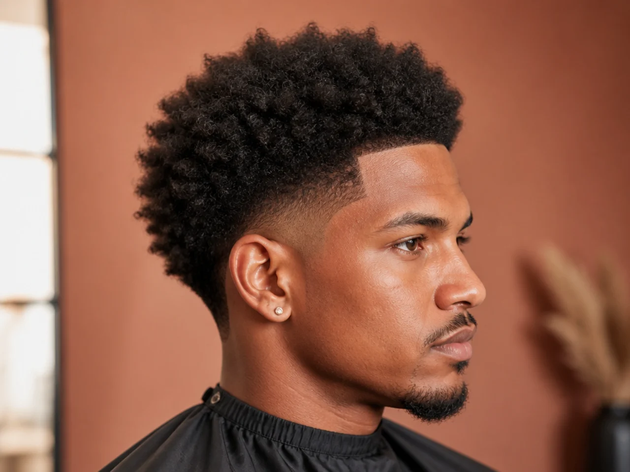 Low taper fade afro on 4B natural hair with a soft blend just above the ear and a rounded three-inch afro on top