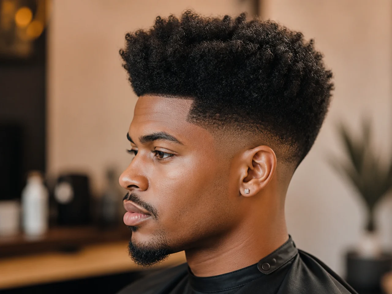 Four-inch high top afro with a rounded crown paired with a soft low taper fade at the sides