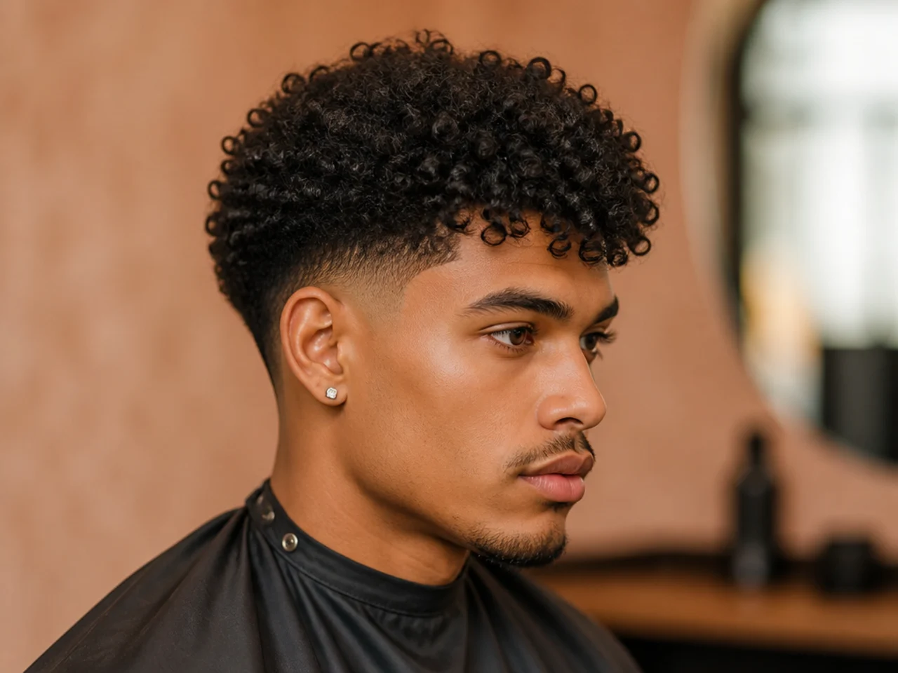 Three-inch afro with the front pieces left long enough to fall as a curly fringe past the brows and a low taper fade on the sides
