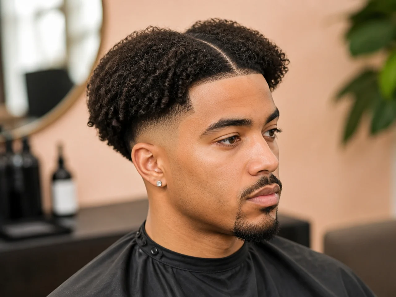 Kinky coily 4A hair split into a natural middle part with a low taper fade on the sides