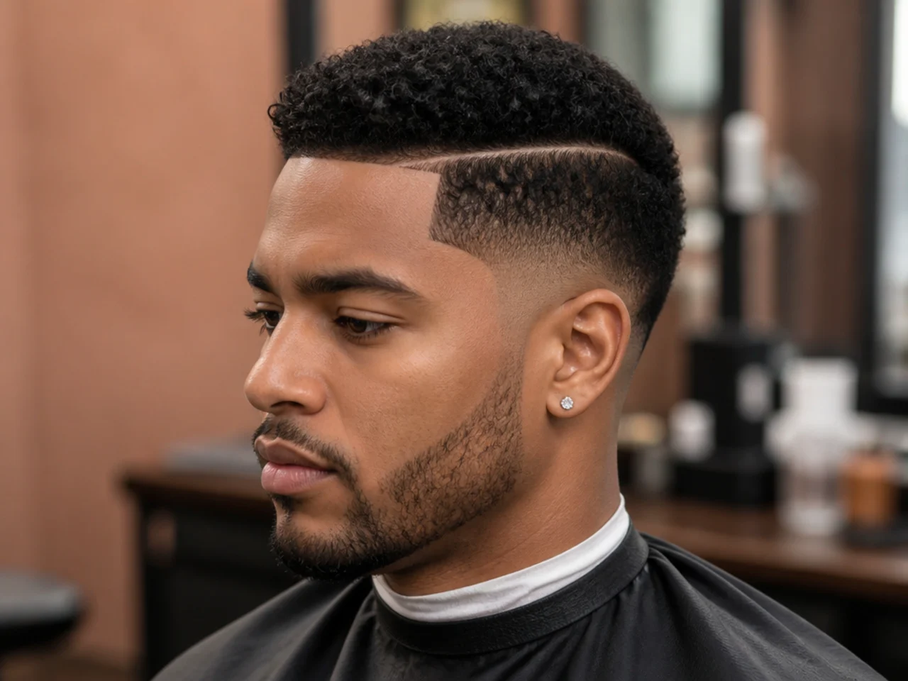 Low taper fade with a razored hard part along the left side and a three-inch afro on top
