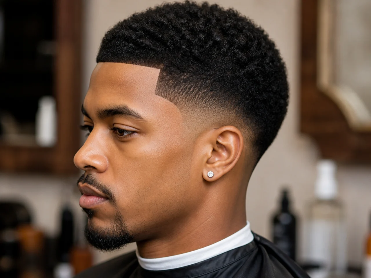 Low taper fade with a crisp razored line-up at the forehead and temples framing a two-inch 4B afro