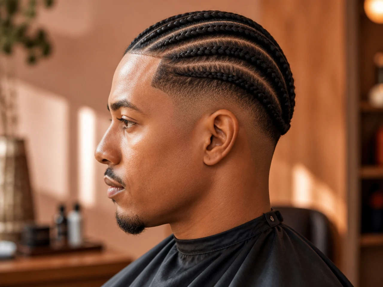 Six to eight neat straight-back cornrows running from forehead to nape with a clean low taper fade on the sides