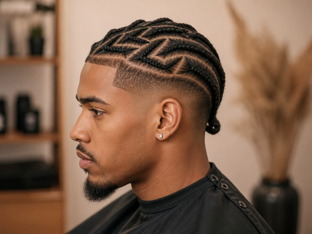 Zigzag cornrow design pattern across the top of the head with a clean low taper fade on the sides