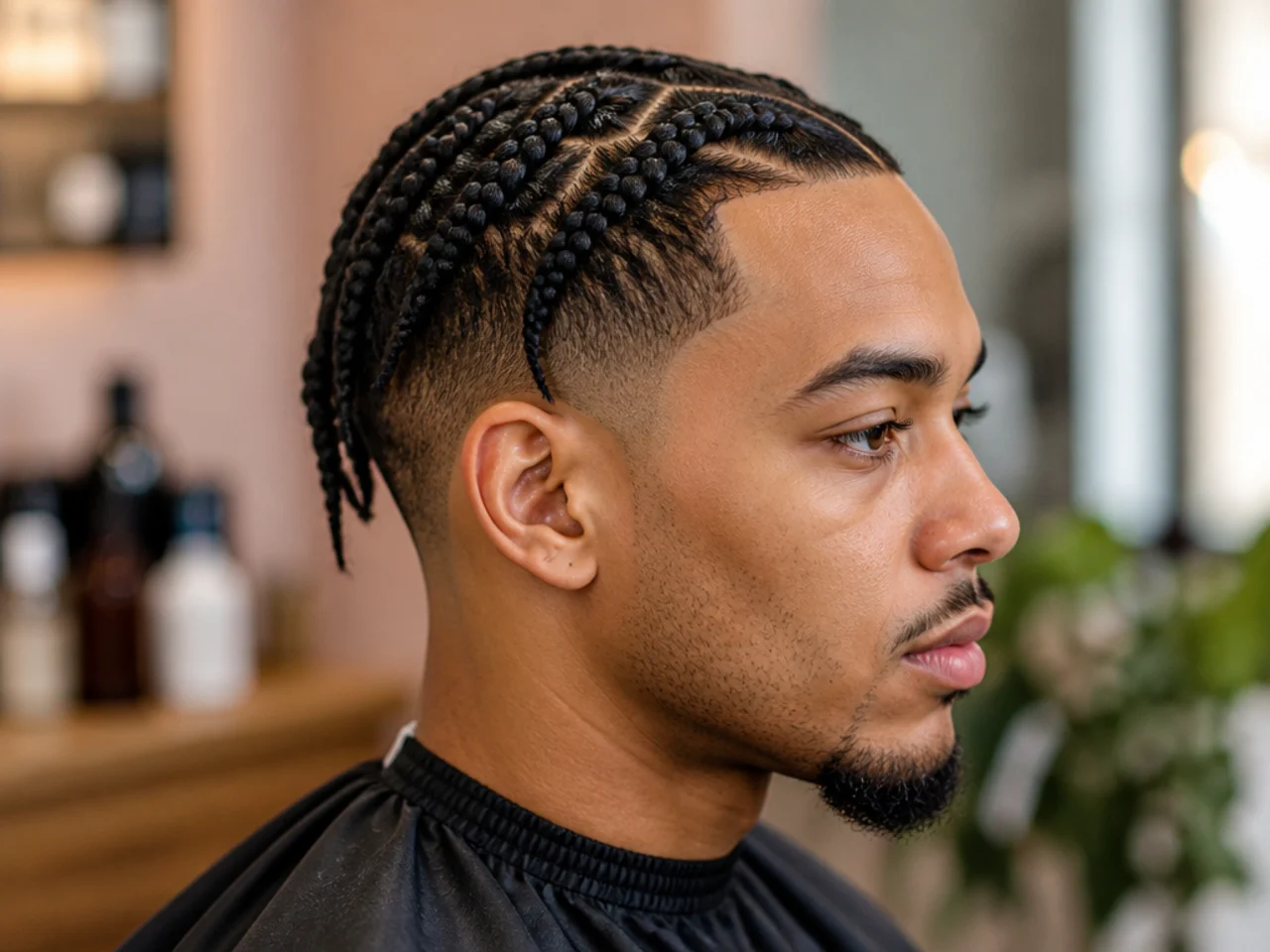 Medium-sized box braids across the full top with a clean low taper fade at the sides