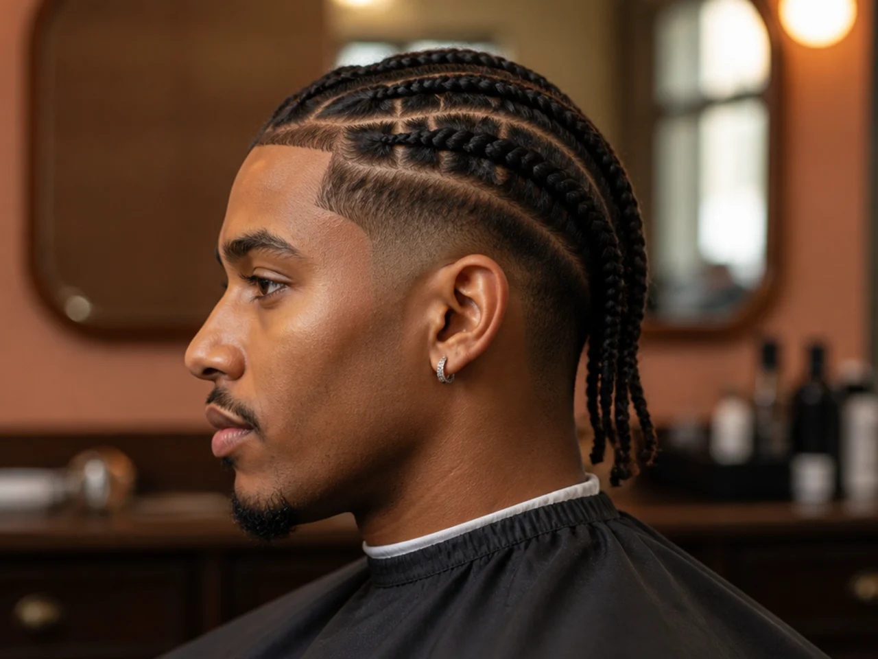 Knotless braids across the top with soft roots and a clean low taper fade at the sides