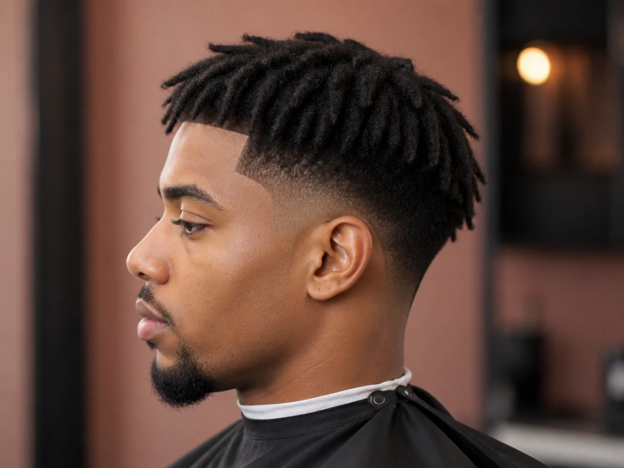 Starter locs three to four inches long on the crown blending into a loose afro at the front with a low taper fade on the sides