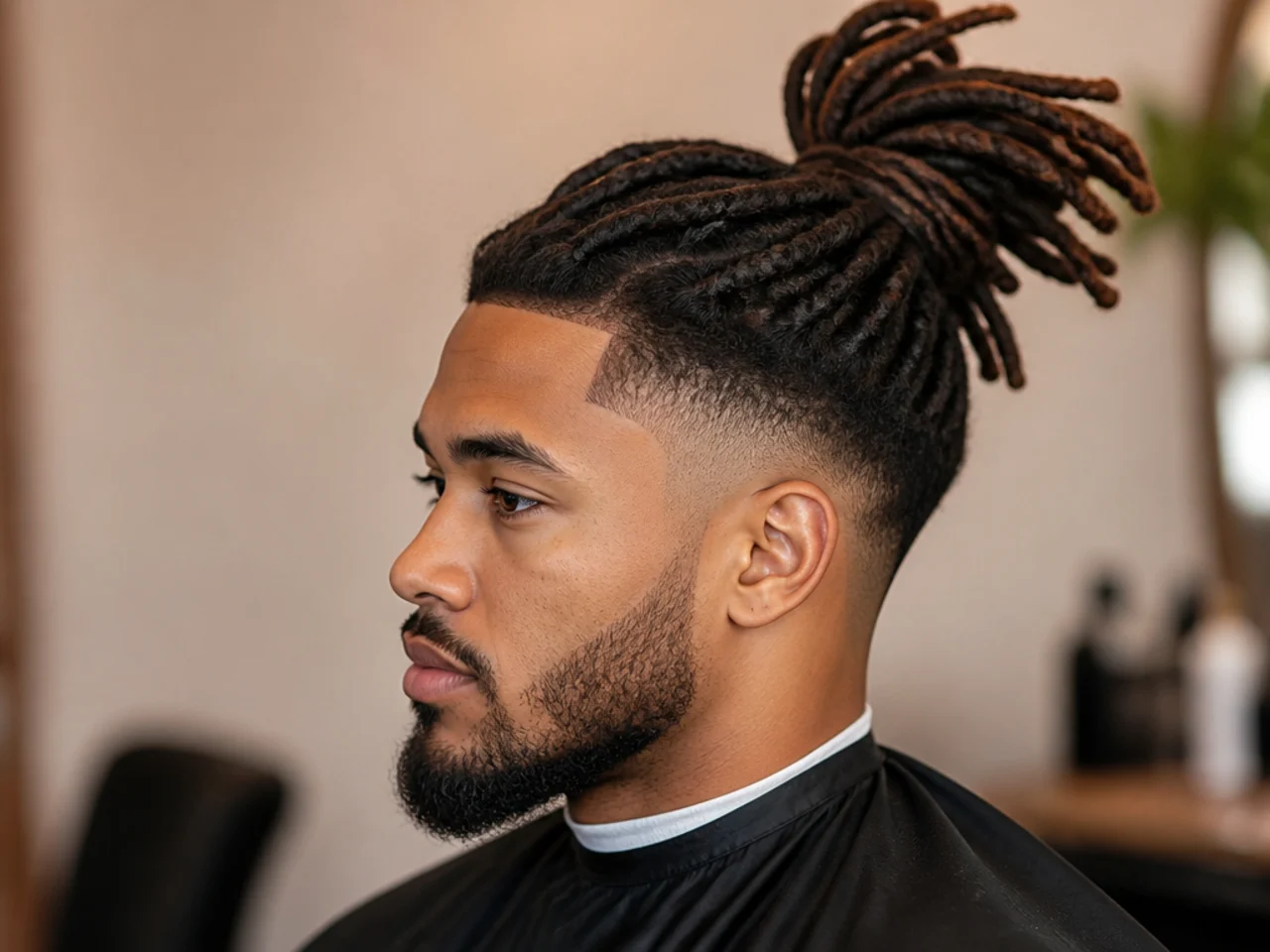 Mature shoulder-length locs tied up in a top bun with a clean low taper fade at the sides