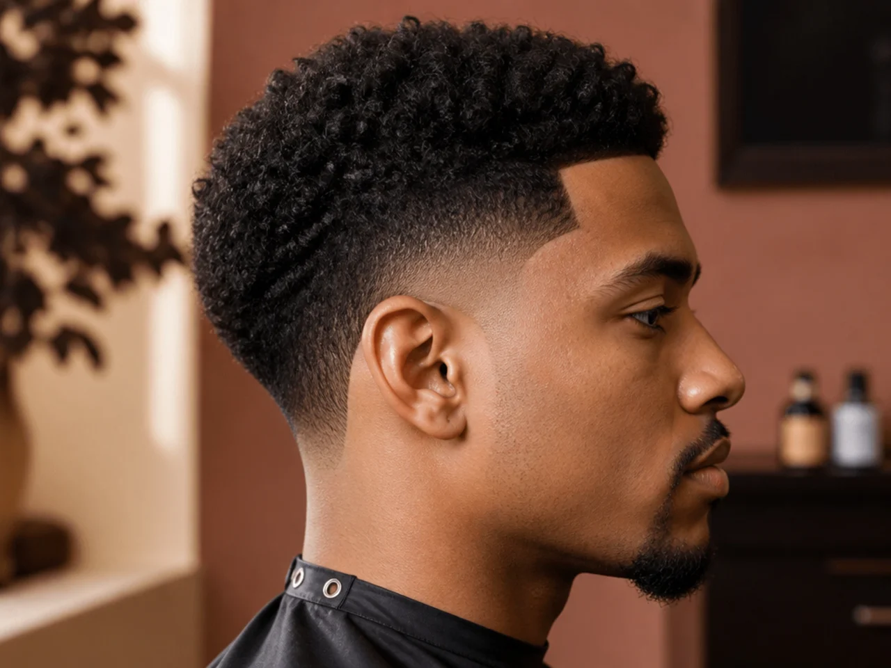 Low drop taper fade with the transition line arcing behind the ear and a three-inch textured afro on top