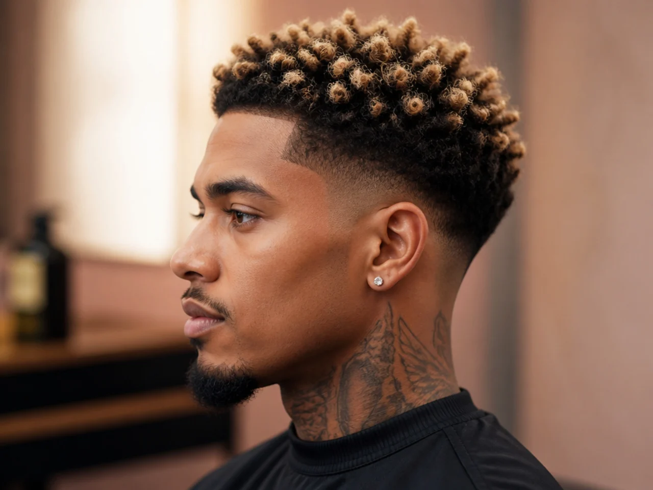 Three-inch afro with bleached frosted blonde tips over dark natural roots and a low taper fade on the sides