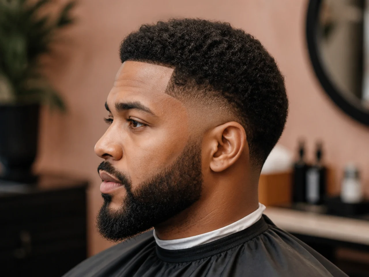 Textured two-inch afro with a full matched beard blended into a low taper fade on the sides
