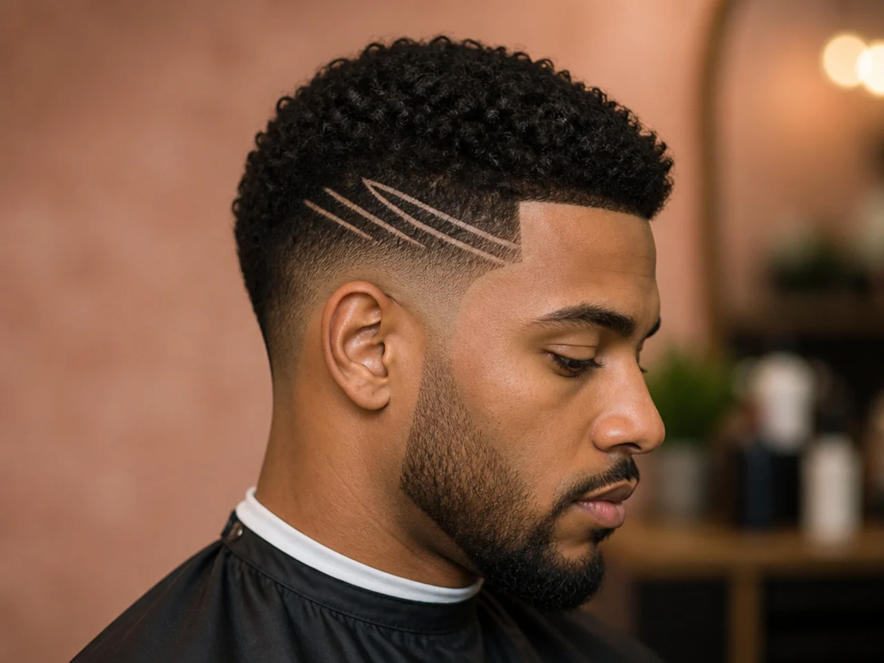 Low taper fade with a razor-etched star and line design on the side above the temple and a two-inch afro on top