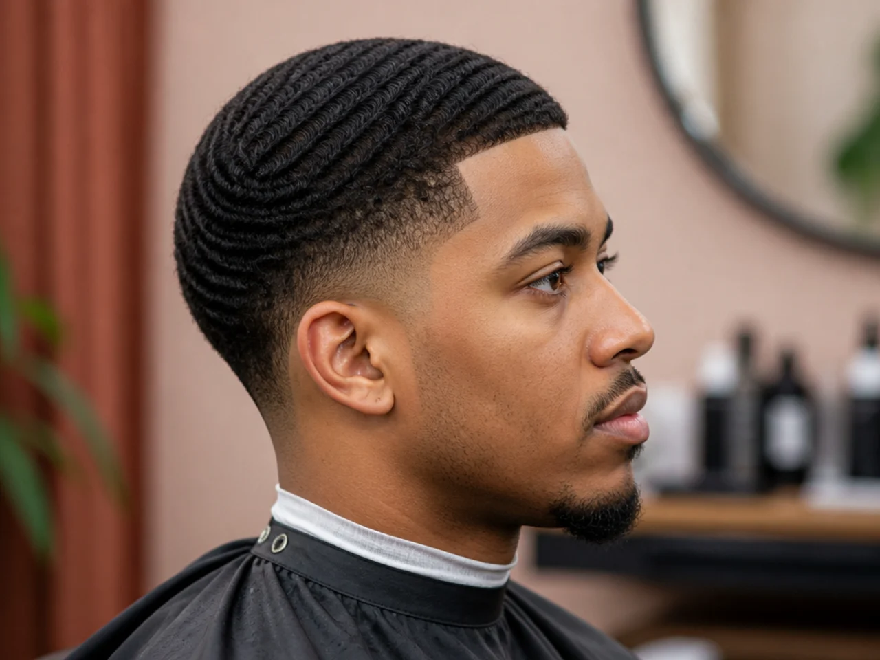 Deep 360 waves brushed into a short top with a clean low taper fade on the sides