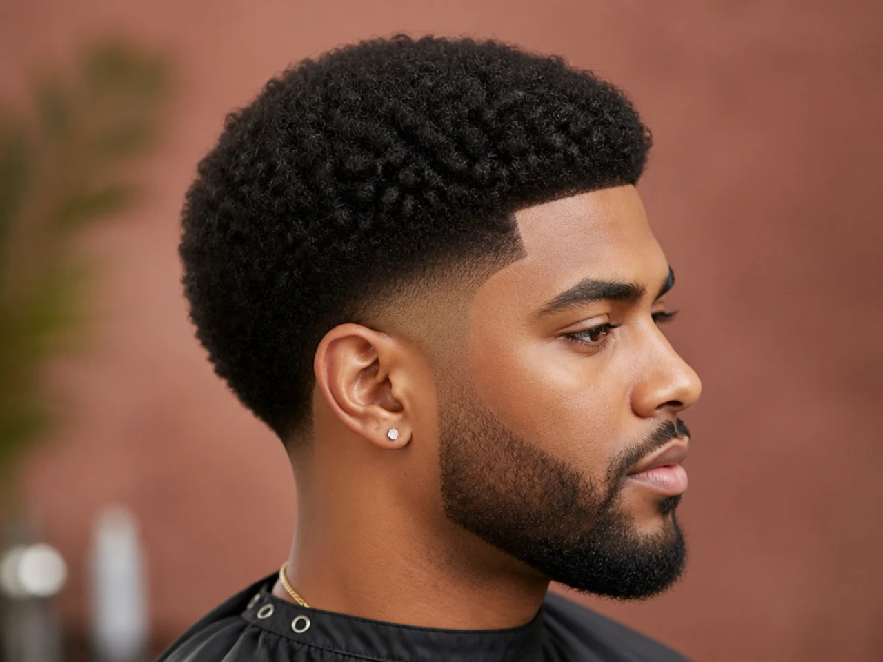 Rounded one-and-a-half-inch 4B afro cut into a clean dome shape with a soft low taper fade on the sides
