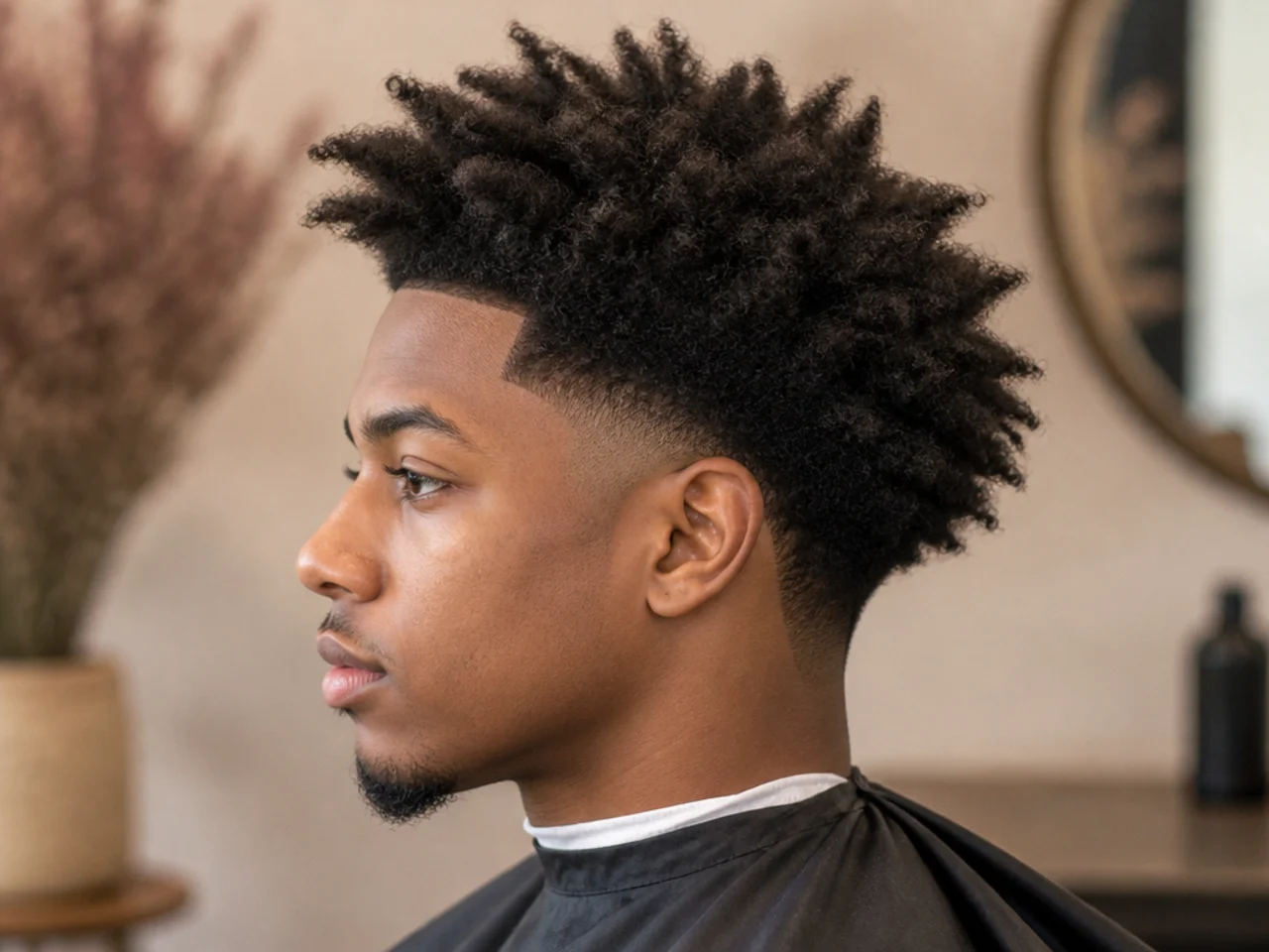 Undirected three-inch natural freeform afro on 4A hair with a clean low taper fade at the sides