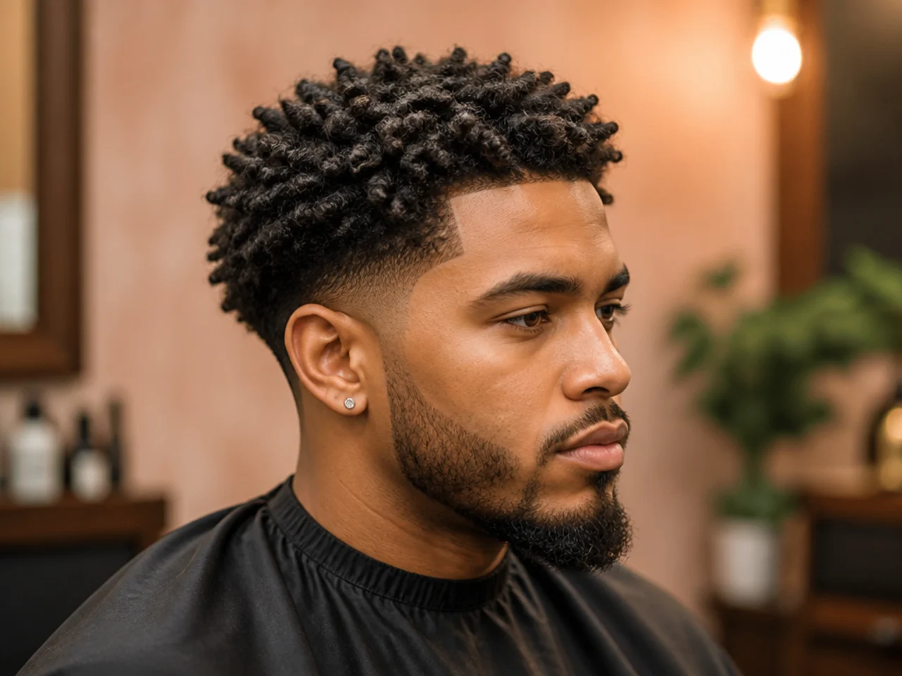 Defined S-coil twist-out on a three-inch 4B afro top with a clean low taper fade at the sides