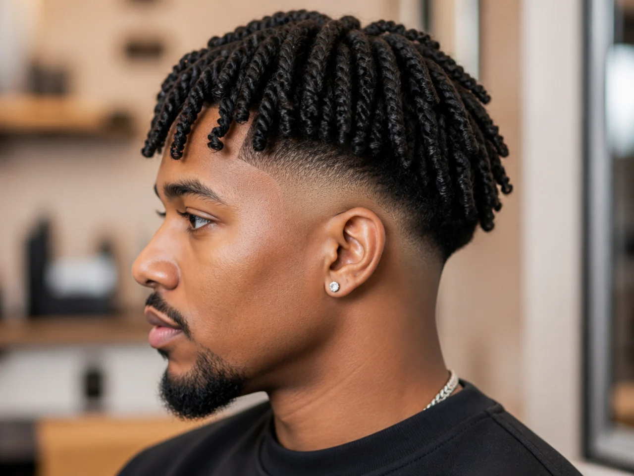Small two-strand twists left in on a three-inch 4C top with a clean low taper fade