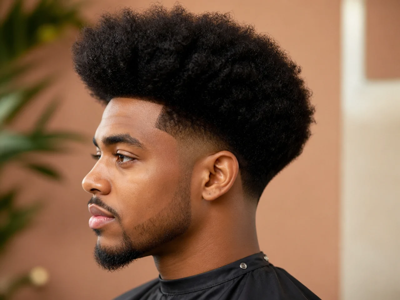 Three-to-four-inch blown-out afro picked into a full round crown with a low taper fade on the sides