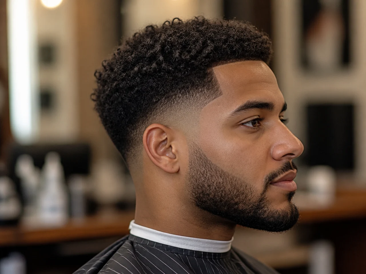 Black barbershop client showing a phone reference photo of a low taper fade to a Black barber before the cut begins