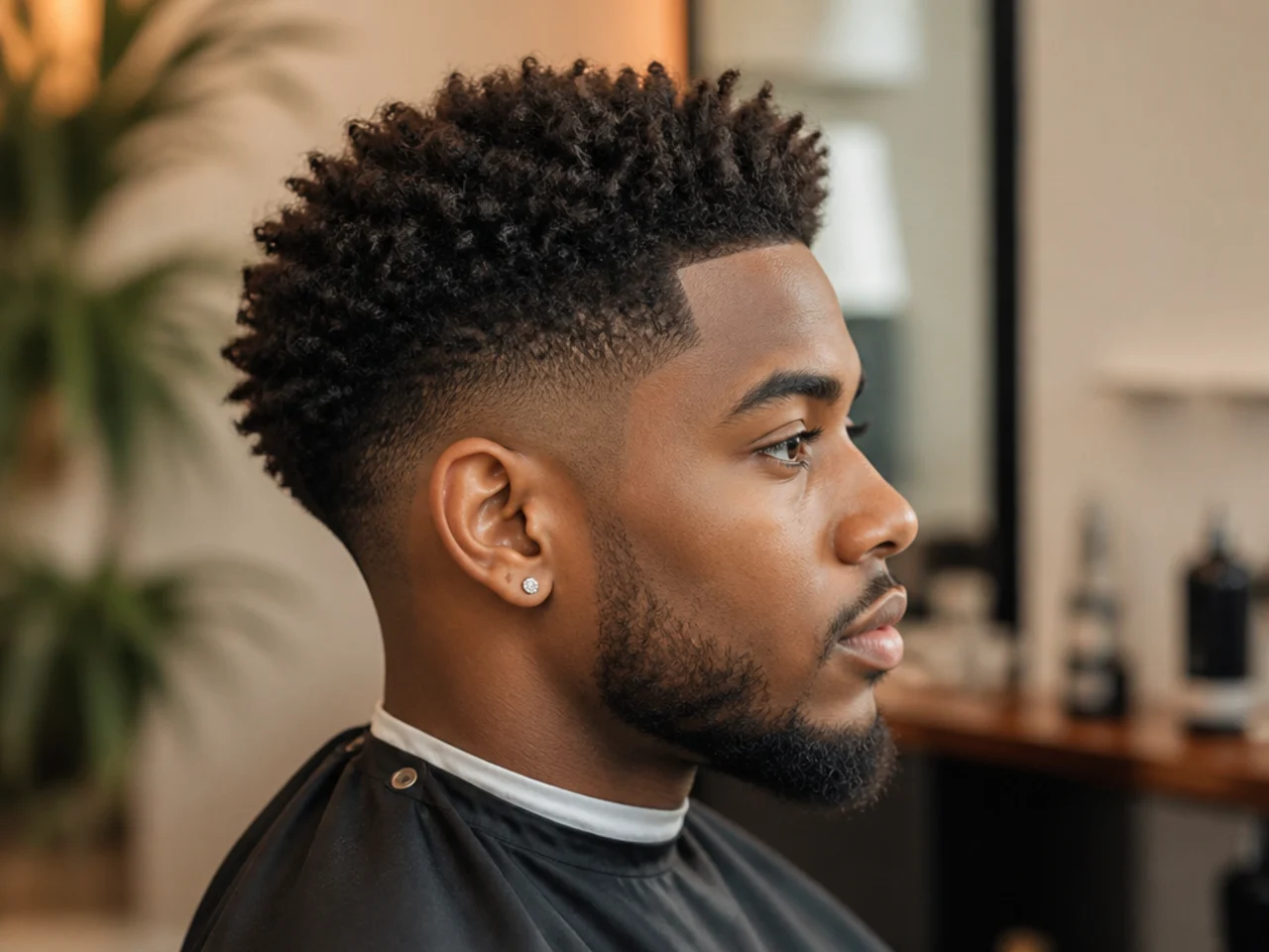 Black hair styling essentials laid out — leave-in, curl cream, wave brush, afro pick, curl sponge, boar-bristle brush, satin bonnet, scalp oil