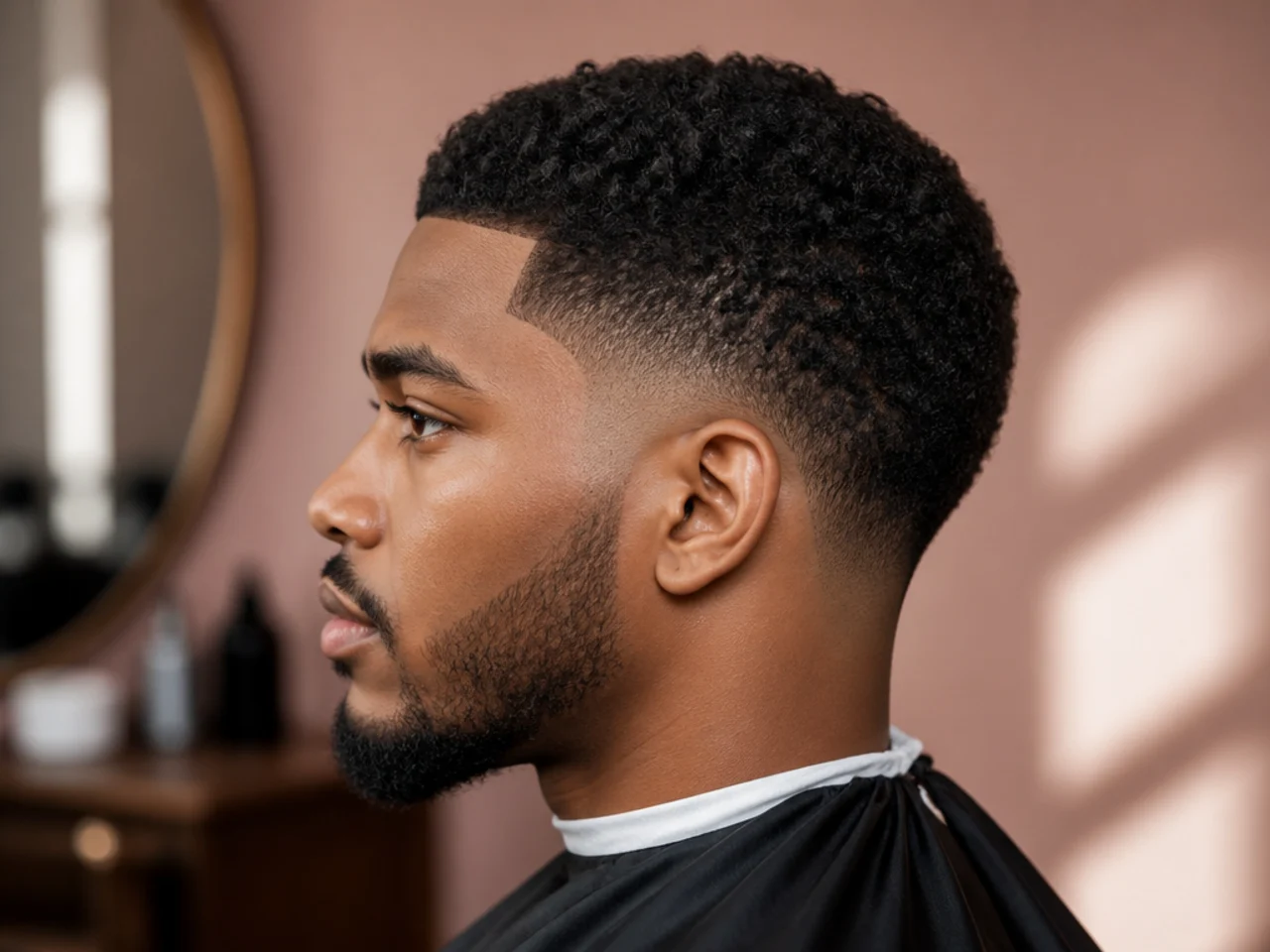 Low taper fade on 4B natural hair with a soft blend just above the ear and a two-inch textured top on a Black man