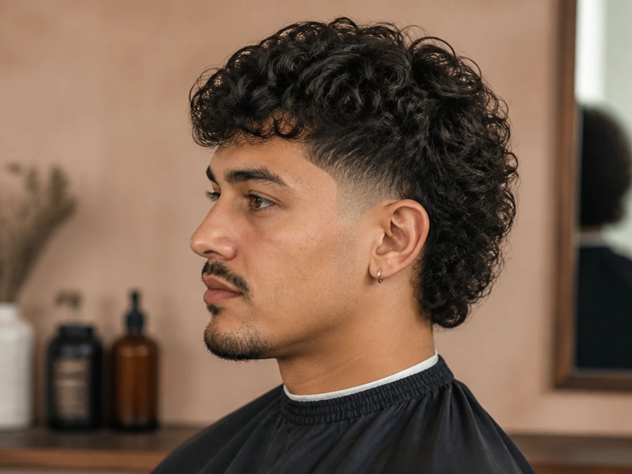 Modern mullet on curly 3B hair with low taper fade sides and length at the nape