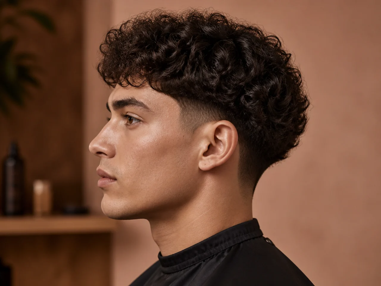 Two block haircut with curly 3A top layer covering a low taper fade beneath