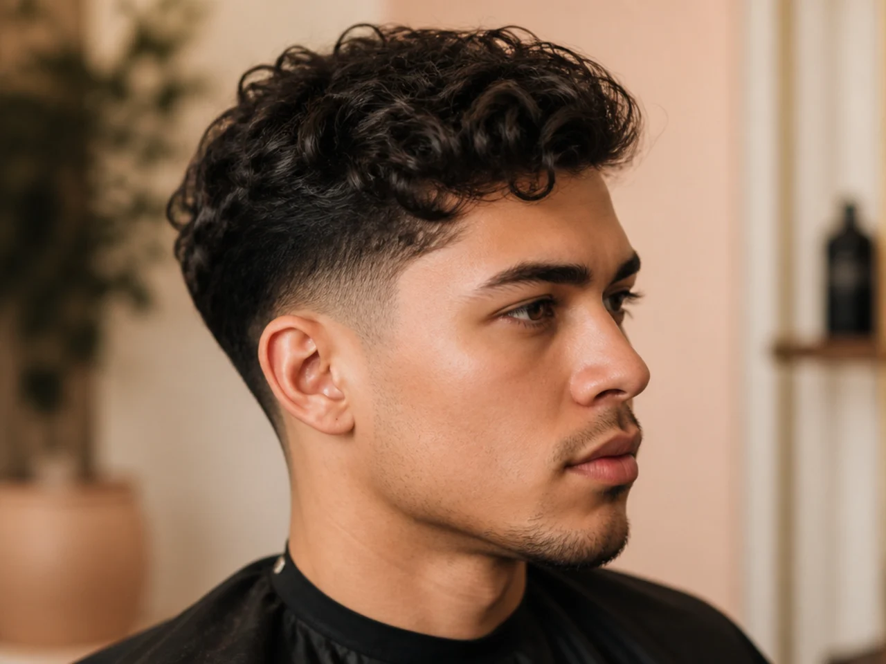 Low taper fade with a curly comb-over on 3A hair styled to one side