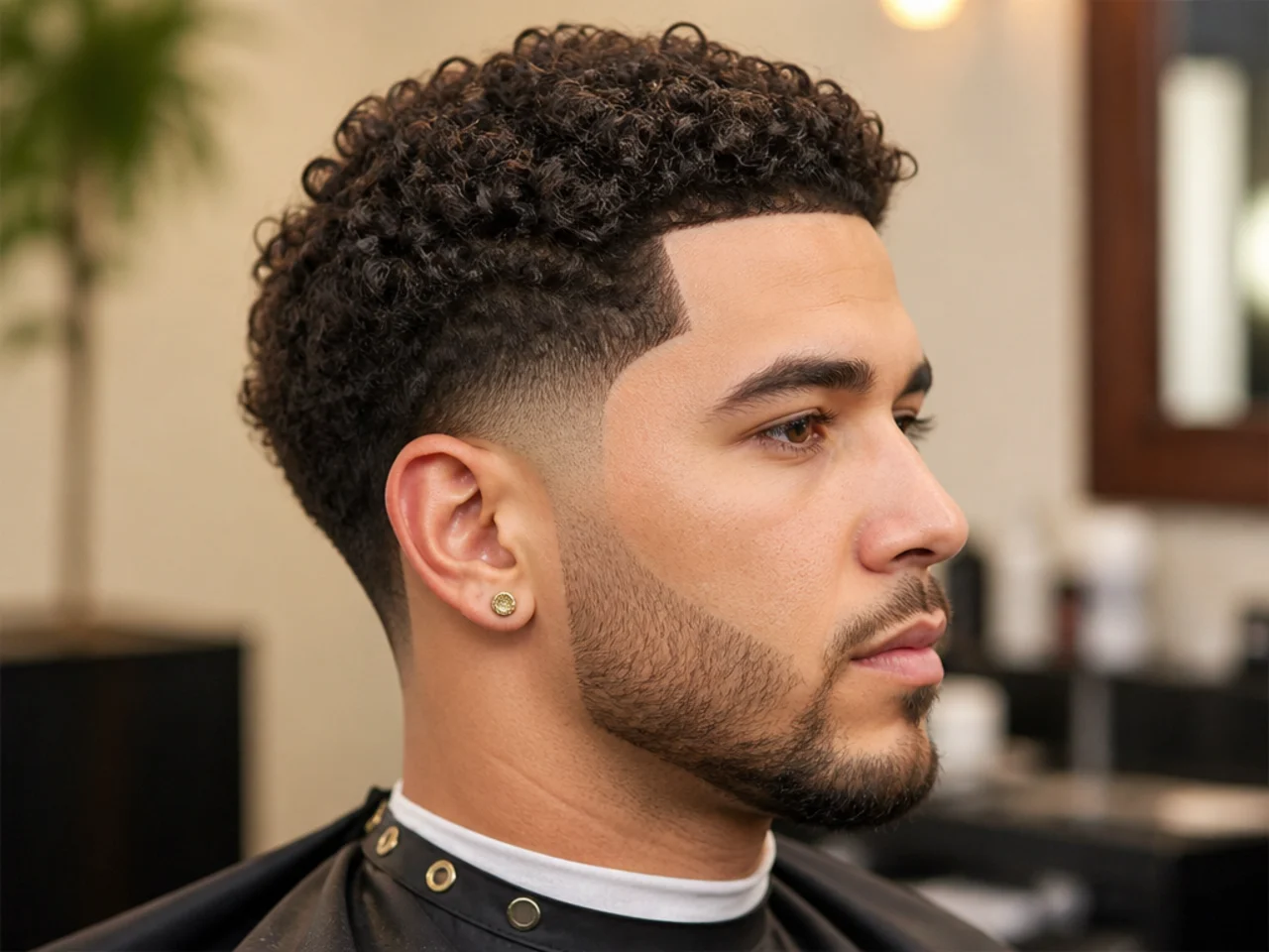 Low taper fade with a sharp razor line-up at the forehead framing 3C curly top