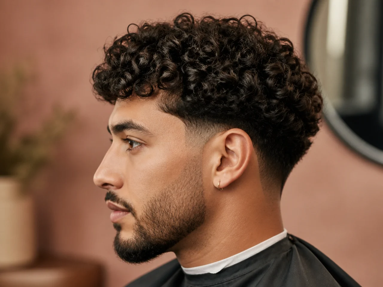 Low temple taper with curly 3B top and softer taper at the nape