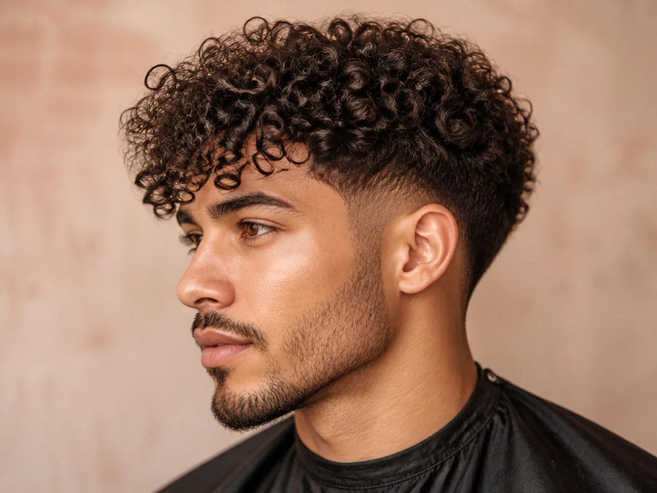 Long curly 3A top with volume and shape framed by a soft low taper fade