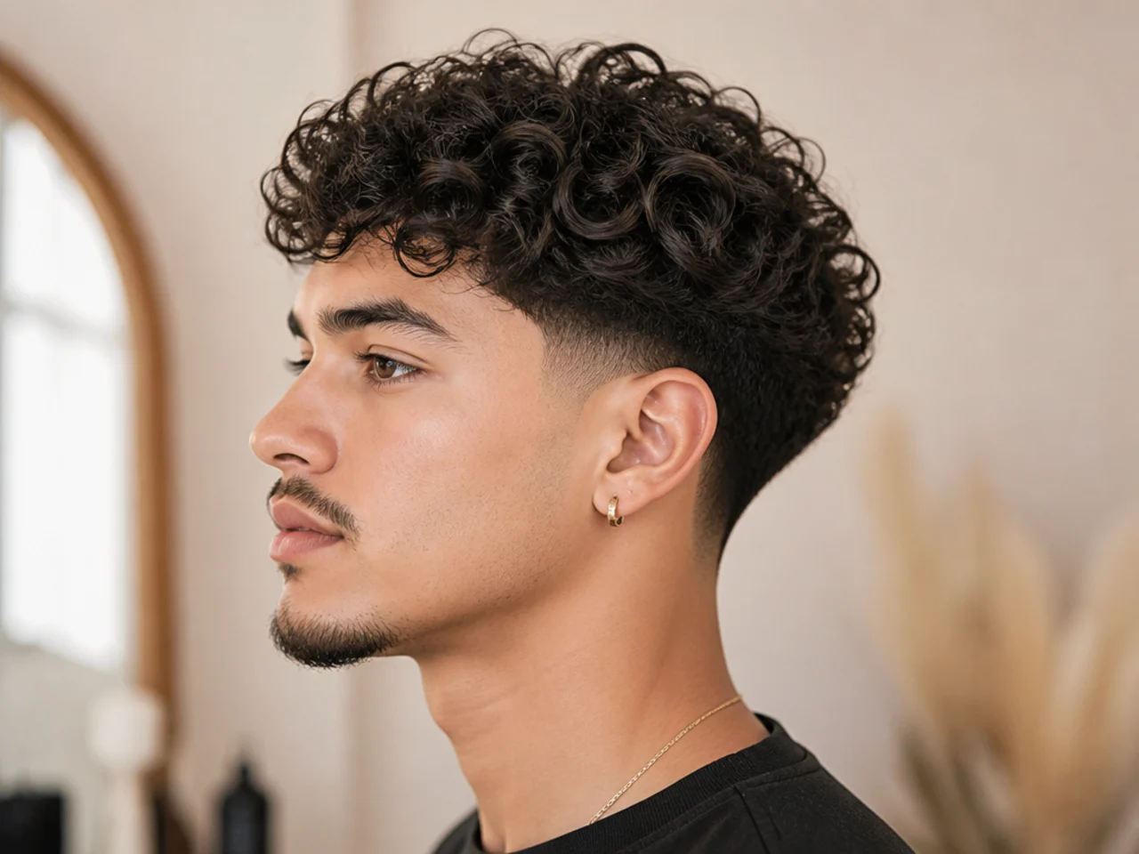Low taper fade with permed curly top on a young Asian man