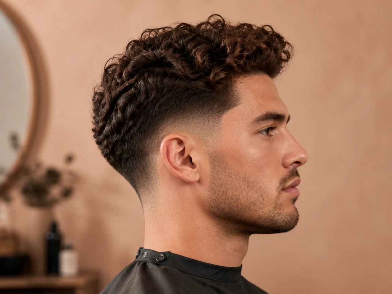 Curly quiff with pomade and volume framed by a low taper fade
