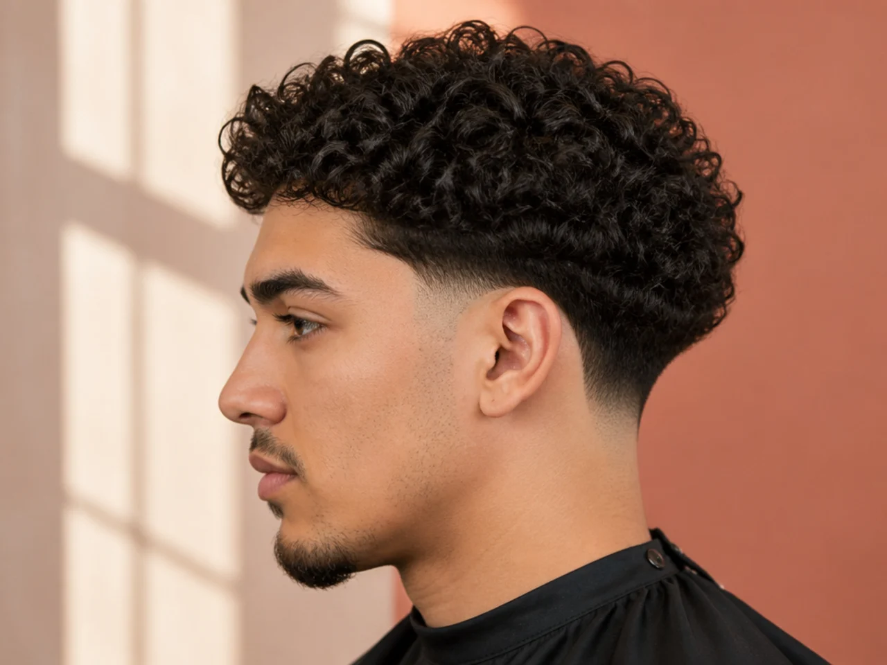 Low taper fade with a disconnected curly top on 3B hair