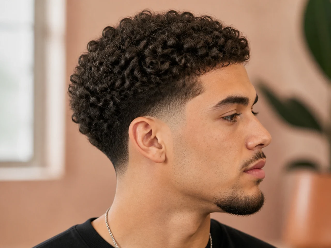 Broccoli-shaped 3B curly top with low taper fade sides on a young man