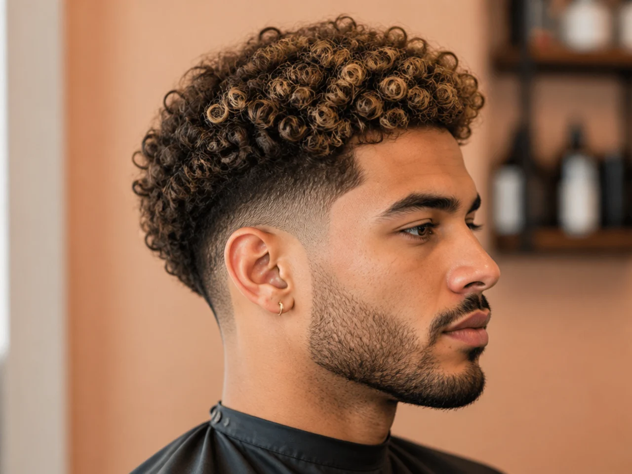 Low taper fade with bleached highlighted tips on 3A curls