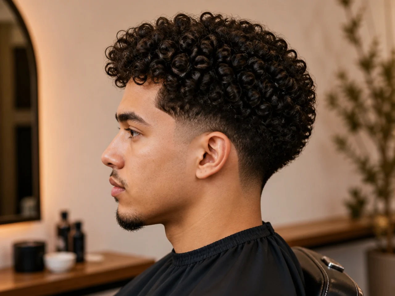 Low drop taper fade curving behind the ear with 3B corkscrew curls on top